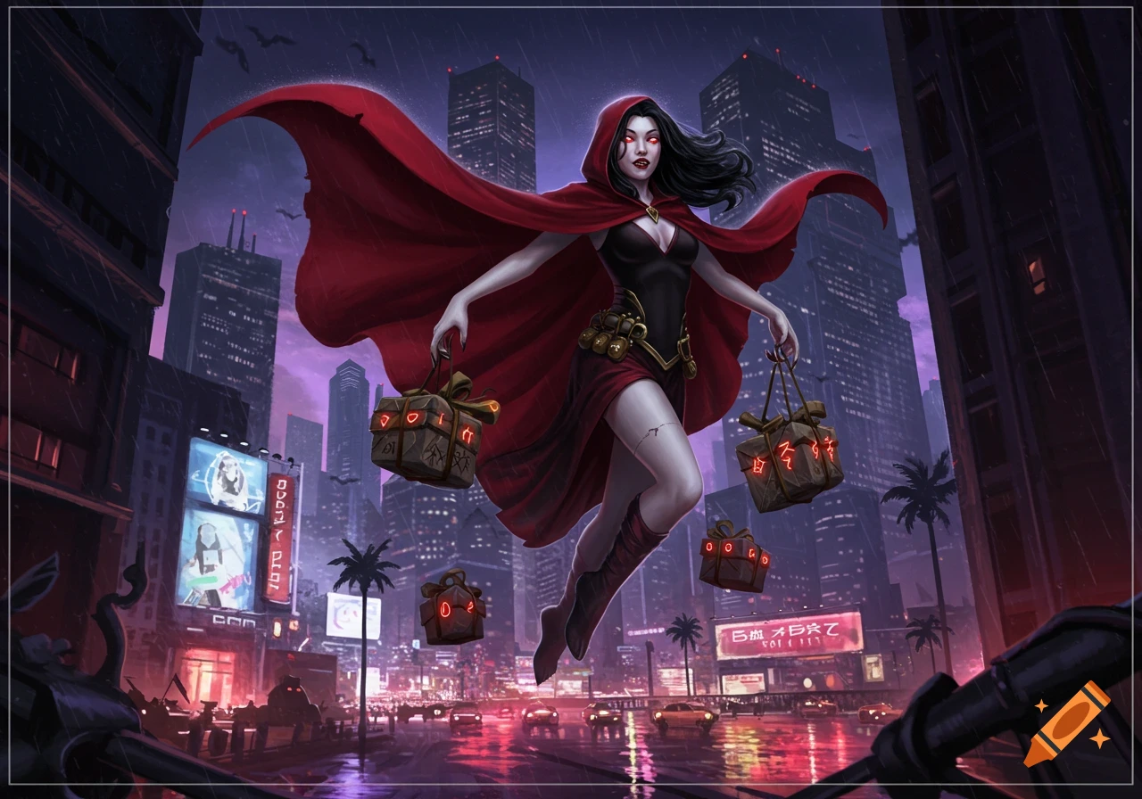 A female vampire in a red cloak floats through a rainy futuristic city at night, carrying glowing enchanted packages.