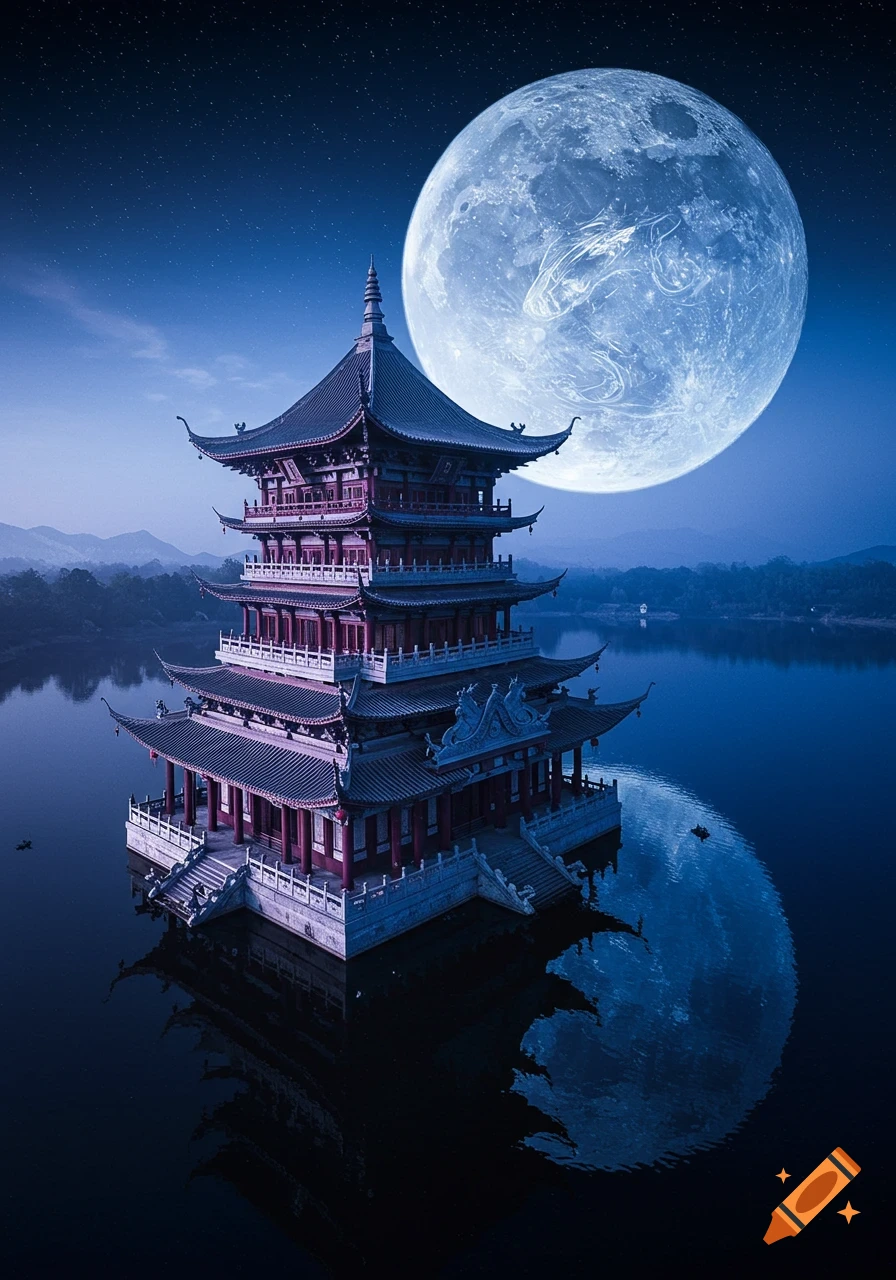 A multi-tiered Chinese pagoda reflecting in a mirror-like lake at night under a giant, silver-blue moon with violet swirls.