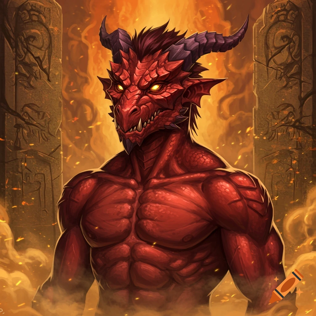 A muscular, crimson red dragonborn with bright gold eyes and dark horns stands in front of fiery stone pillars in a digital art style.