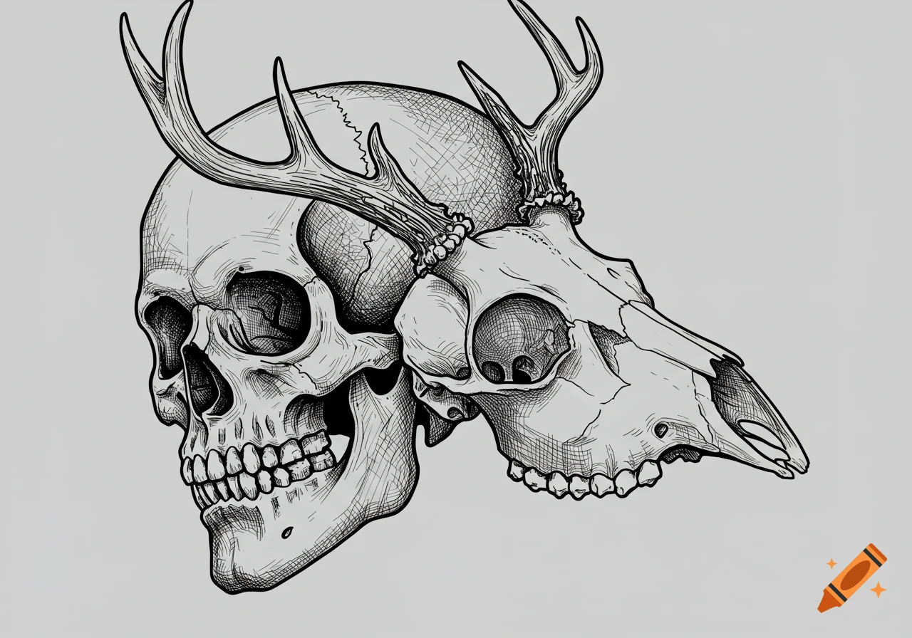 Black and white line drawing of a human skull intertwined with an animal skull featuring antlers.