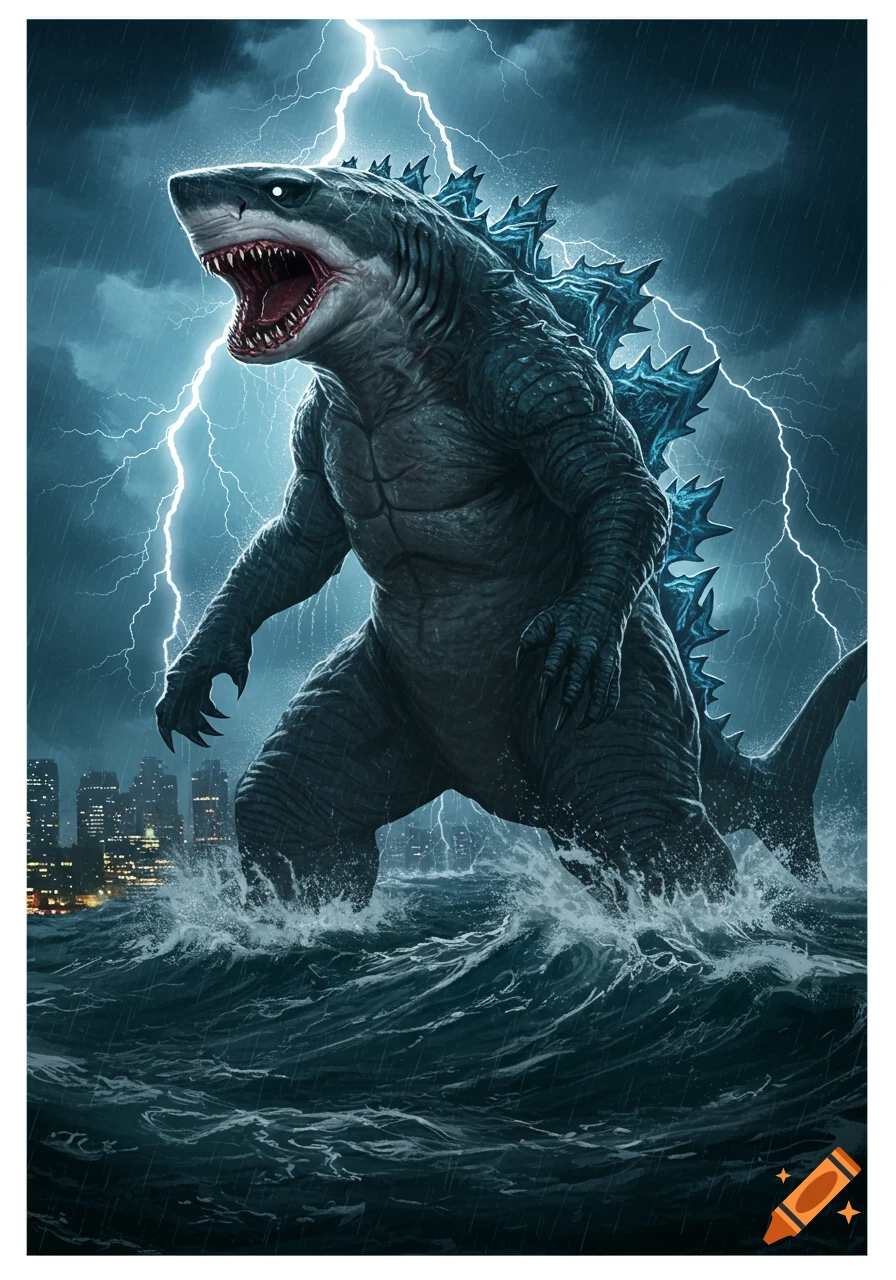A shark-headed Godzilla-like monster roars from stormy ocean waters as lightning strikes a city skyline in a dramatic illustration.