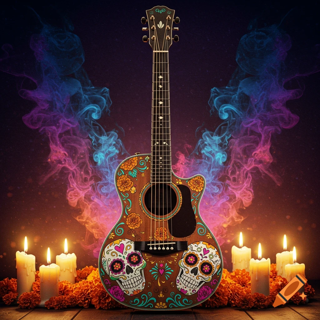 Decorative acoustic guitar painted with colorful sugar skulls and marigolds for Day of the Dead, surrounded by lit candles and vibrant smoke.