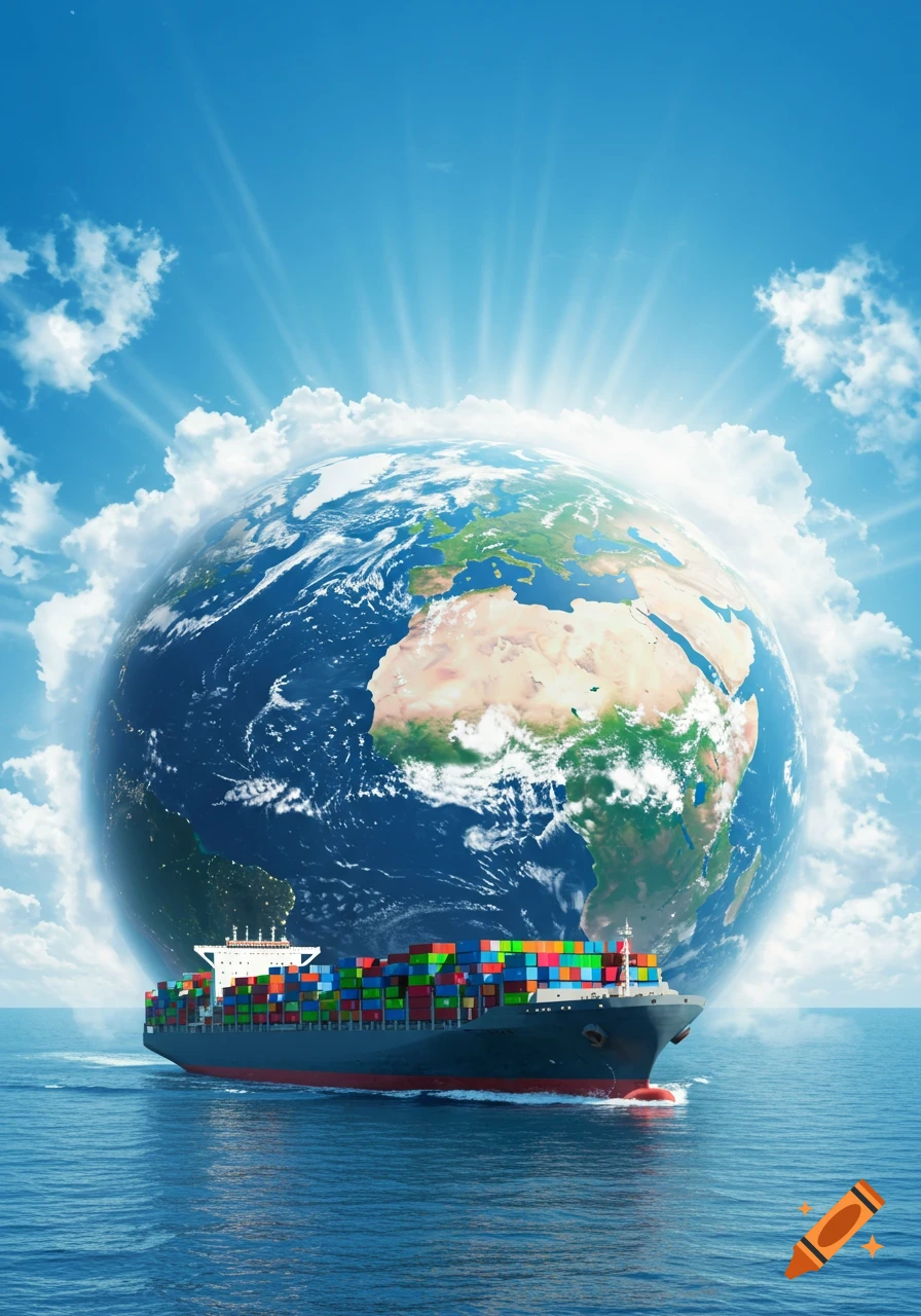 A large container ship with colorful cargo sails on a blue ocean, with the Earth globe glowing under a sunny, cloudy sky.