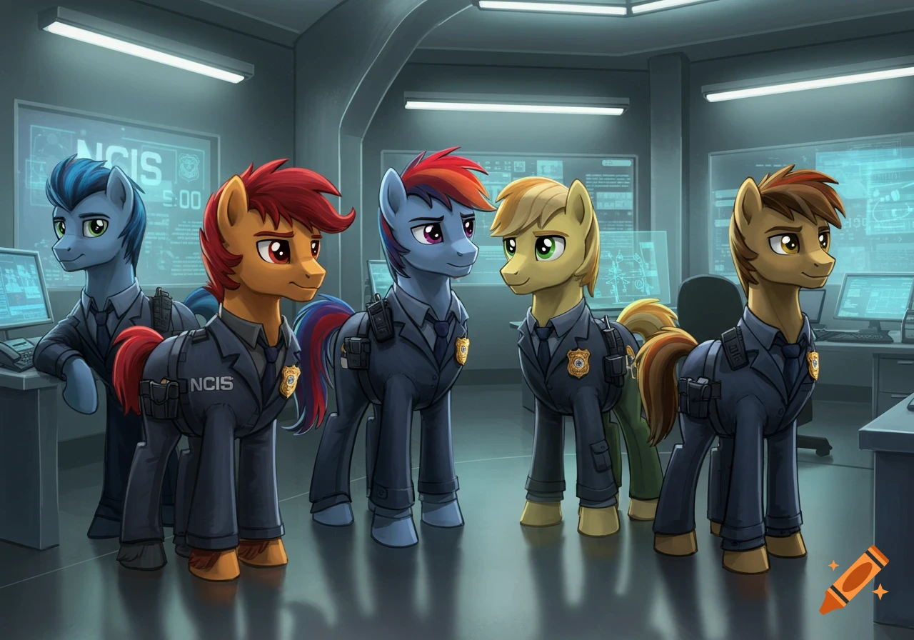 Five cartoon male ponies in NCIS police uniforms stand in a high-tech control room.