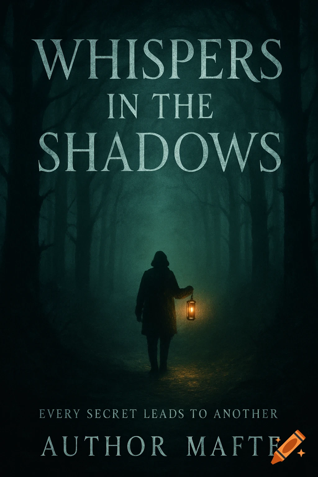 Dark book cover with a hooded silhouette holding a glowing lantern in a foggy, eerie forest. Title: 'Whispers in the Shadows'.
