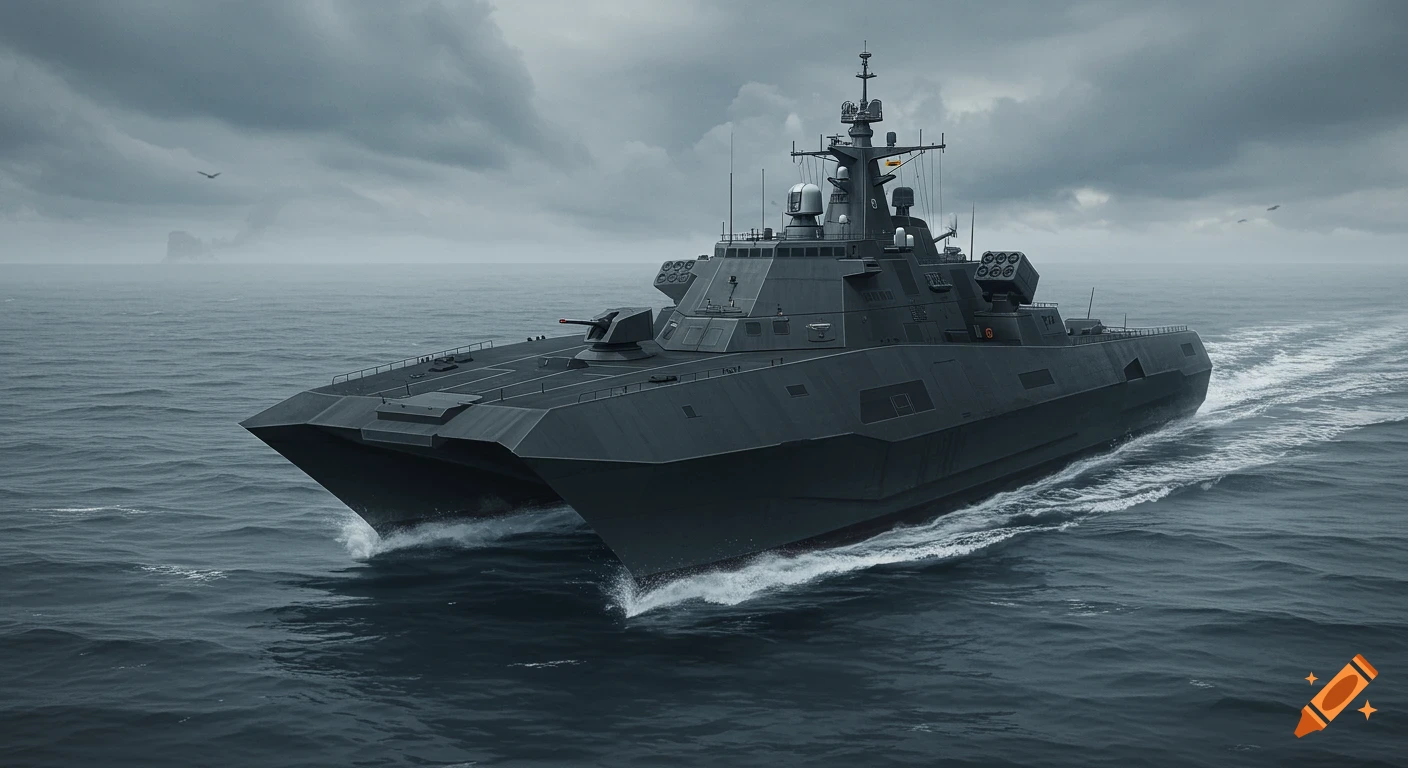 A photorealistic image of a futuristic grey stealth catamaran warship speeding through choppy grey seas under a cloudy sky.