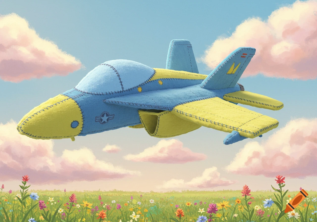 A plush blue and yellow F-18 Hornet airplane toy flies above a vibrant field of wildflowers under a cloudy sky.