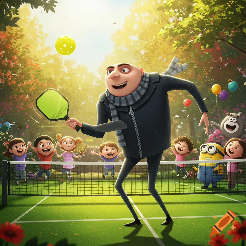 Cartoon Gru playing pickleball with Minions and children on an outdoor court under a sunny sky.