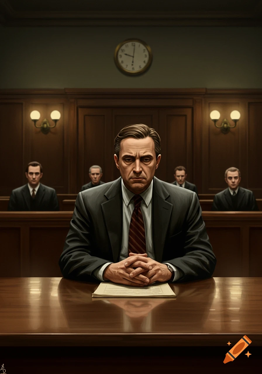 A serious man in a suit sits at a courtroom table, hands clasped, with other men in the background.