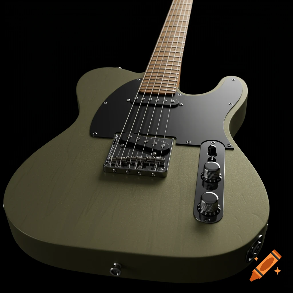 A close-up, photorealistic shot of an olive drab Telecaster electric guitar body with black pickguard and hardware, set against a black background.