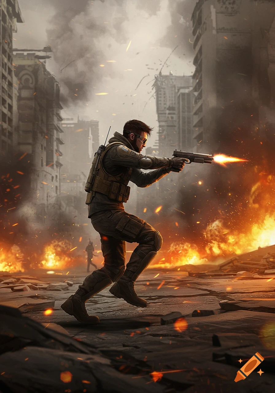 A soldier runs through a burning, destroyed city, firing a pistol with muzzle flash, amidst smoke and explosions.
