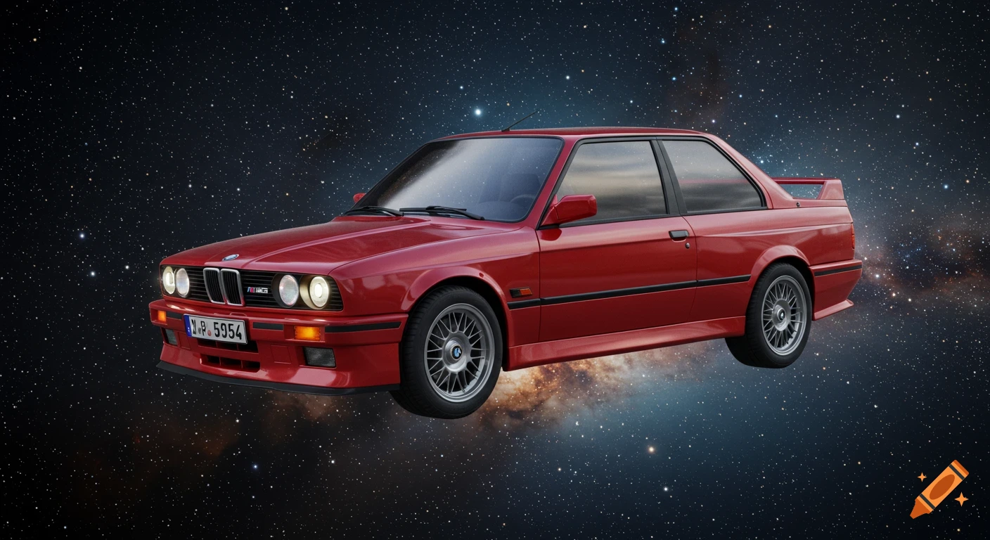 A photorealistic red BMW E30 M3 car floating in deep space amidst stars and nebulae.