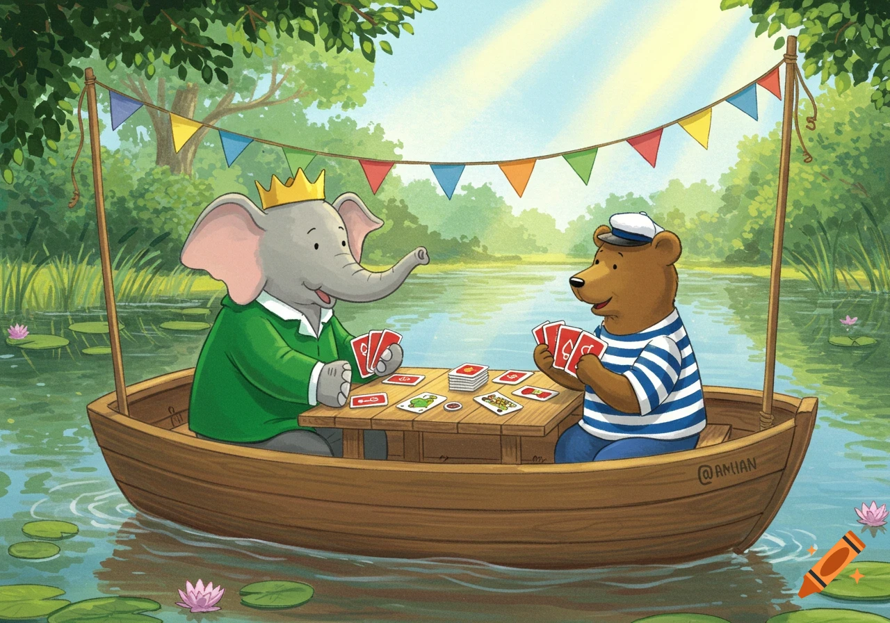 An elephant king and a bear in a sailor suit play cards in a wooden boat on a lake surrounded by trees and lily pads in a cheerful cartoon style.