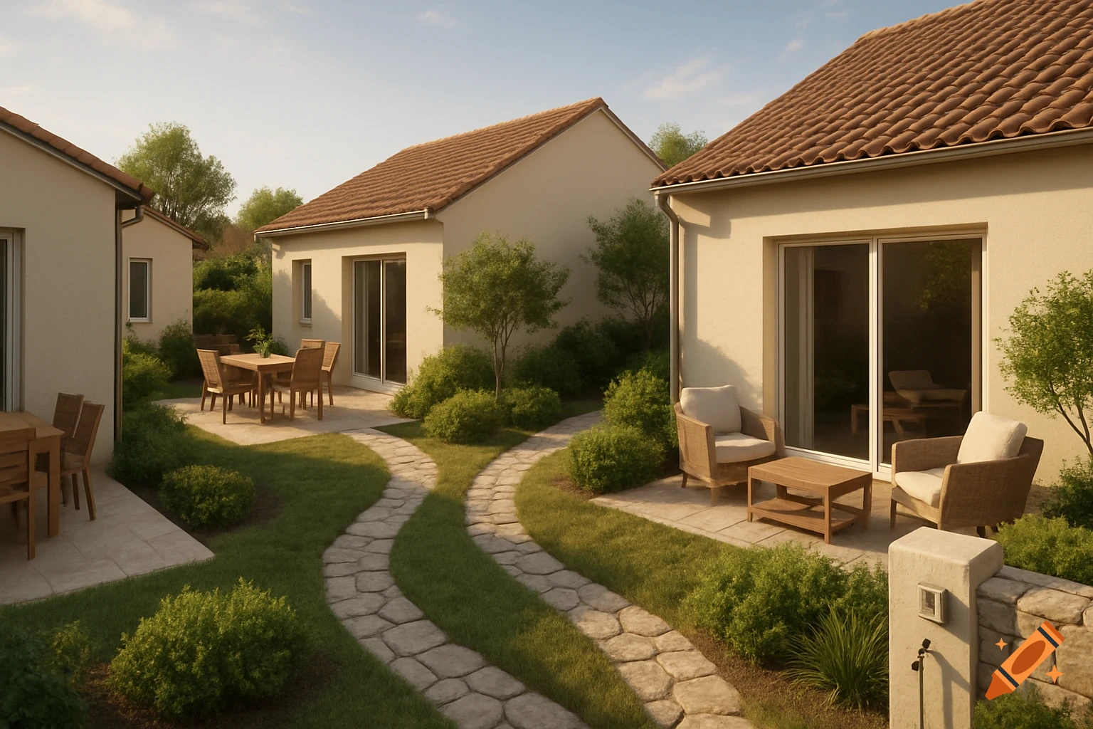 A photorealistic view of modern residential houses with tiled roofs, patios with furniture, and a winding stone path through a lush garden.
