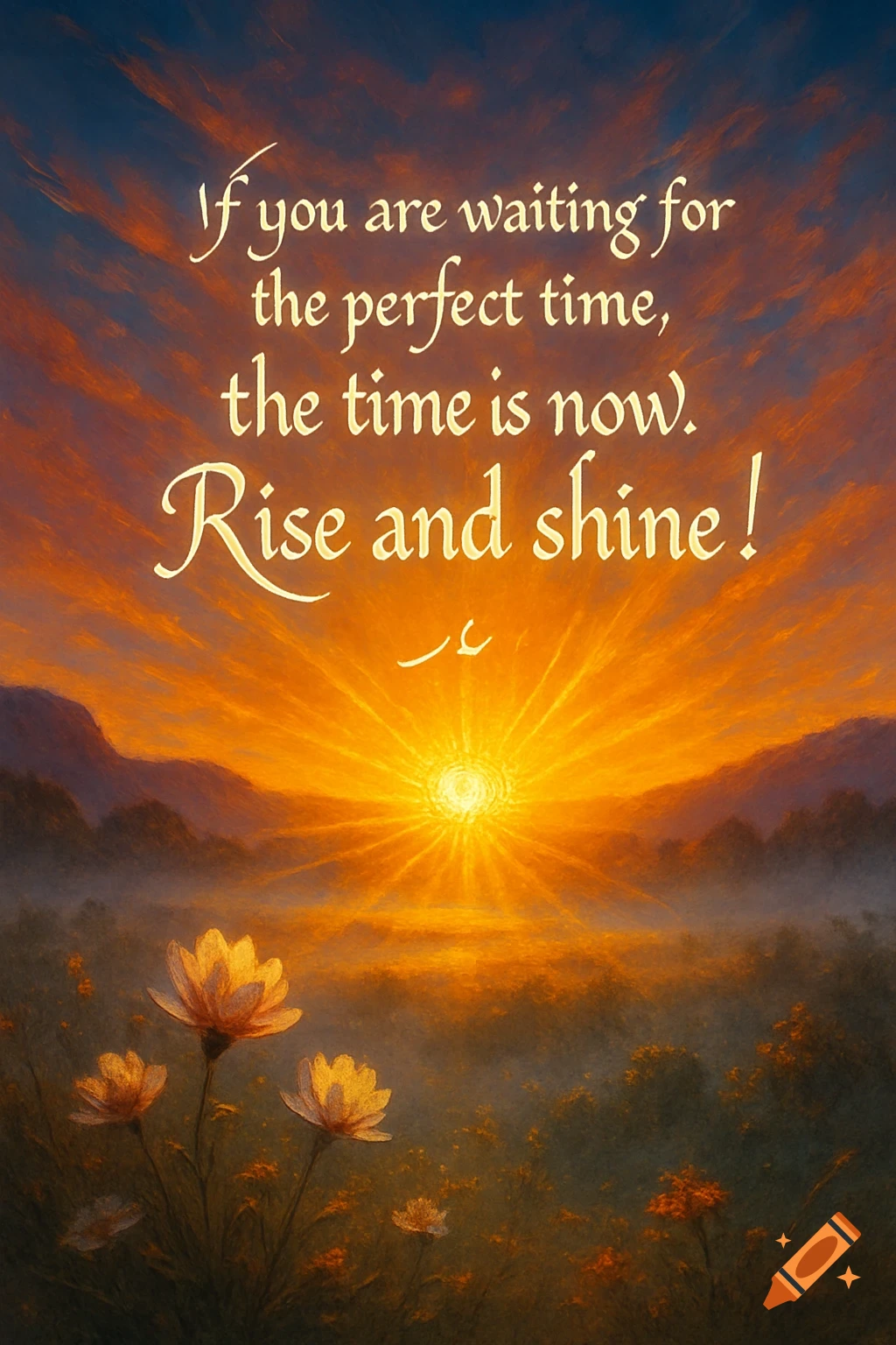 A vibrant sunrise over misty mountains with flowers in the foreground and a motivational quote in the sky.