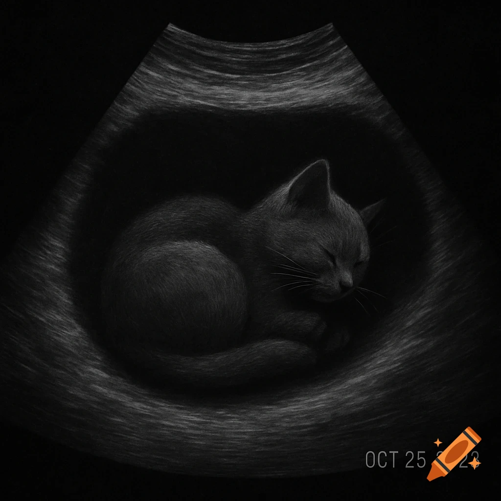 Grayscale ultrasound scan showing a cat curled up inside, with 'OCT 25 2023' in the corner.