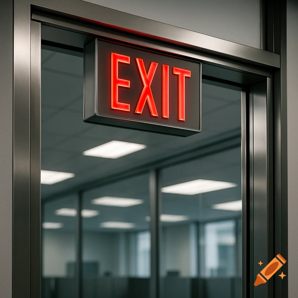 A red illuminated EXIT sign hanging above a glass door in a modern office building, photorealistic style.