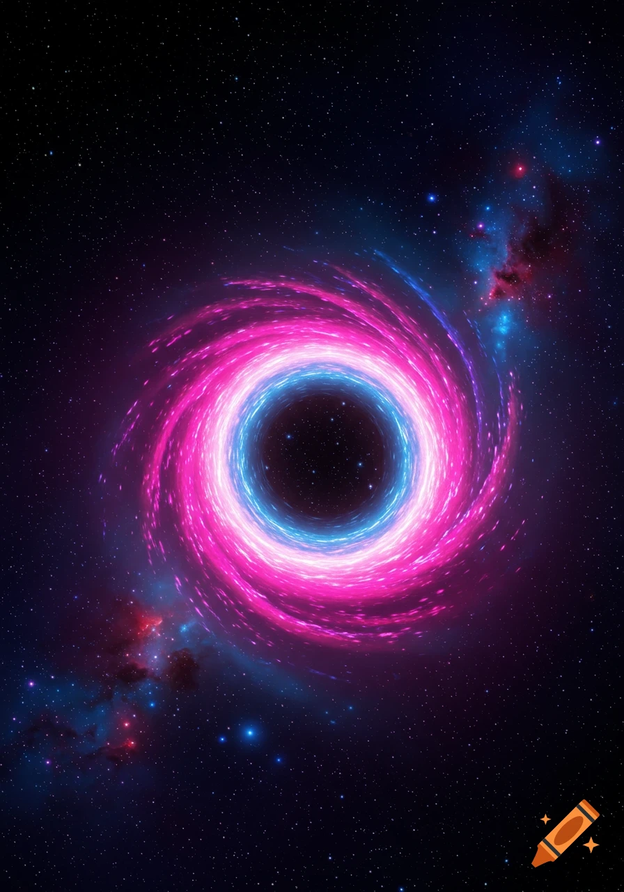 Vibrant pink and blue swirling wormhole in deep space, surrounded by stars and nebulae.