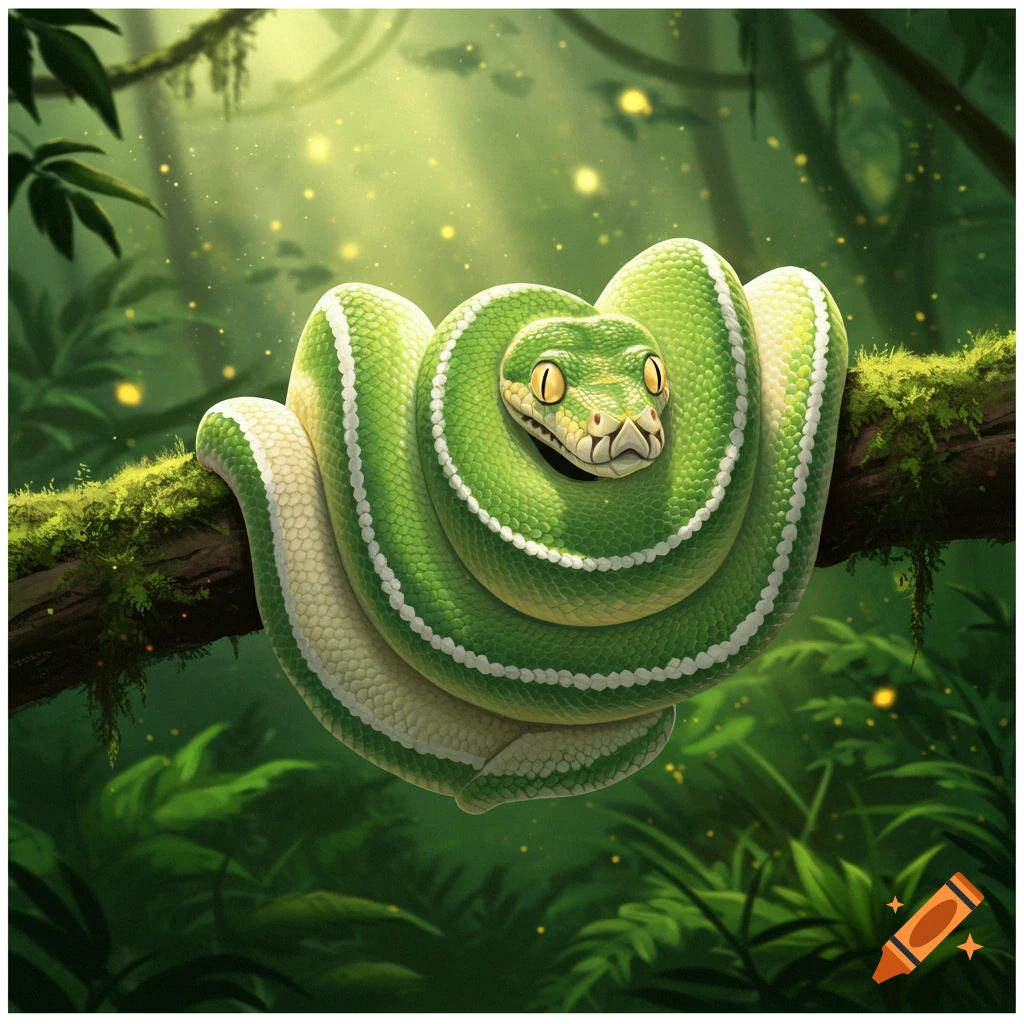 A vibrant green-white python snake, coiled on a mossy branch in a lush jungle, smiles at the viewer. Digital illustration.
