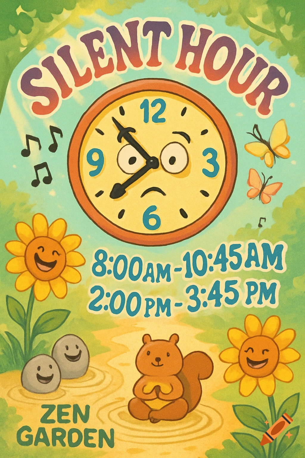 A cartoon poster for "Silent Hour" in a "Zen Garden," showing a sad clock, happy sunflowers, happy rocks, a meditating squirrel, butterflies, and music notes, with specified time slots.
