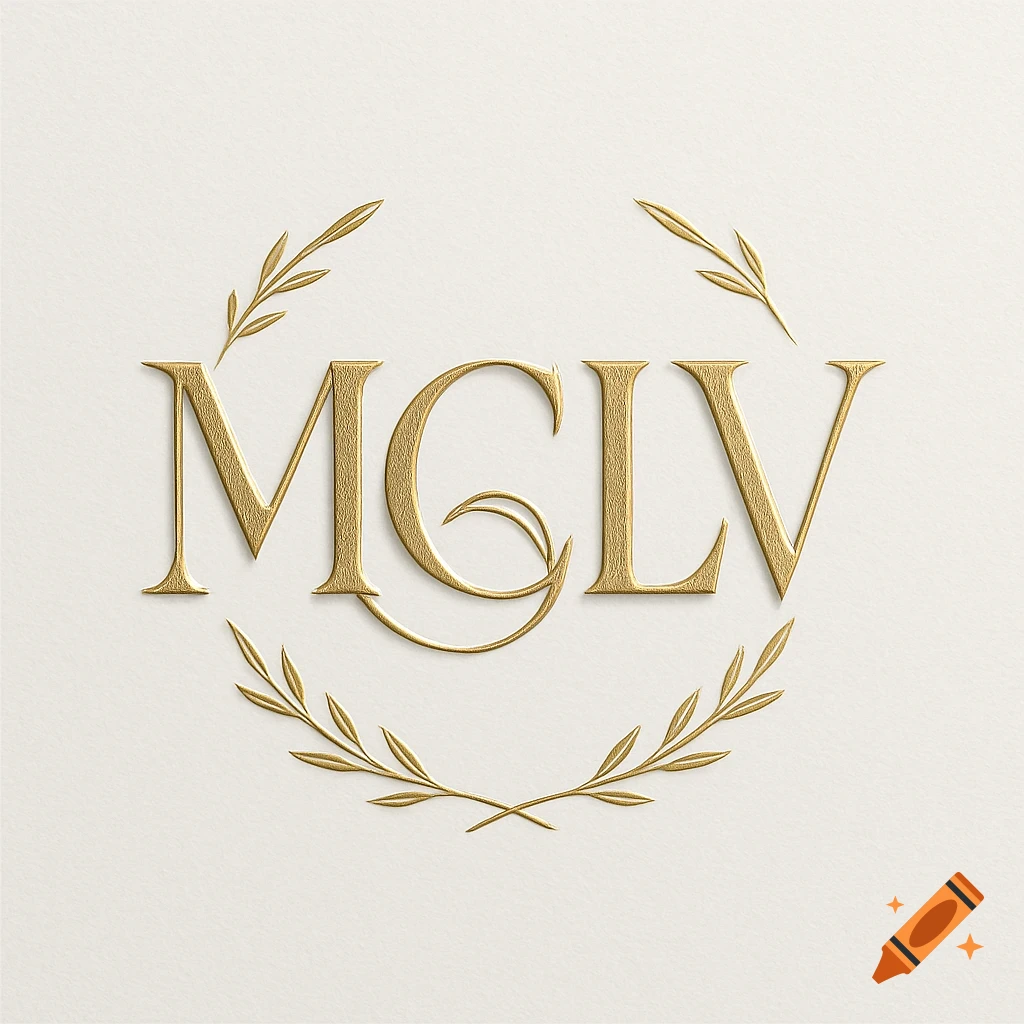 Gold embossed "MCLV" logo with a laurel wreath on a textured cream paper background.