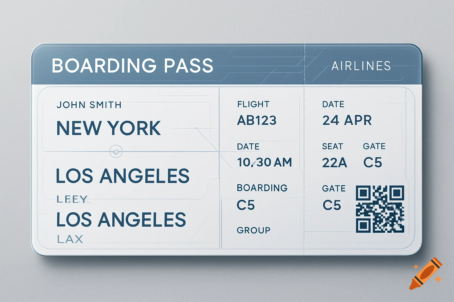 A stylized, clean graphic of a white boarding pass with blue text details for a flight from New York to Los Angeles.