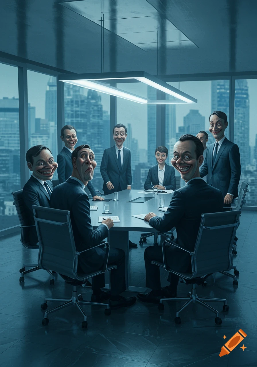 Businesspeople with unsettling, warped smiles in a modern boardroom overlooking a city.