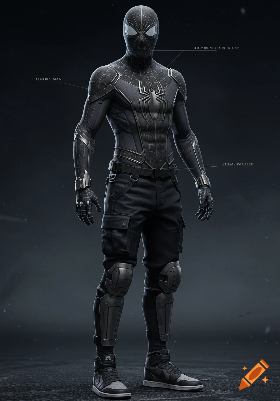 A full-body shot of a Spider-Man-like character in a black and grey suit with cargo pants, knee pads, and Jordan 1 sneakers, standing against a dark background. Annotations point to different parts of the suit.