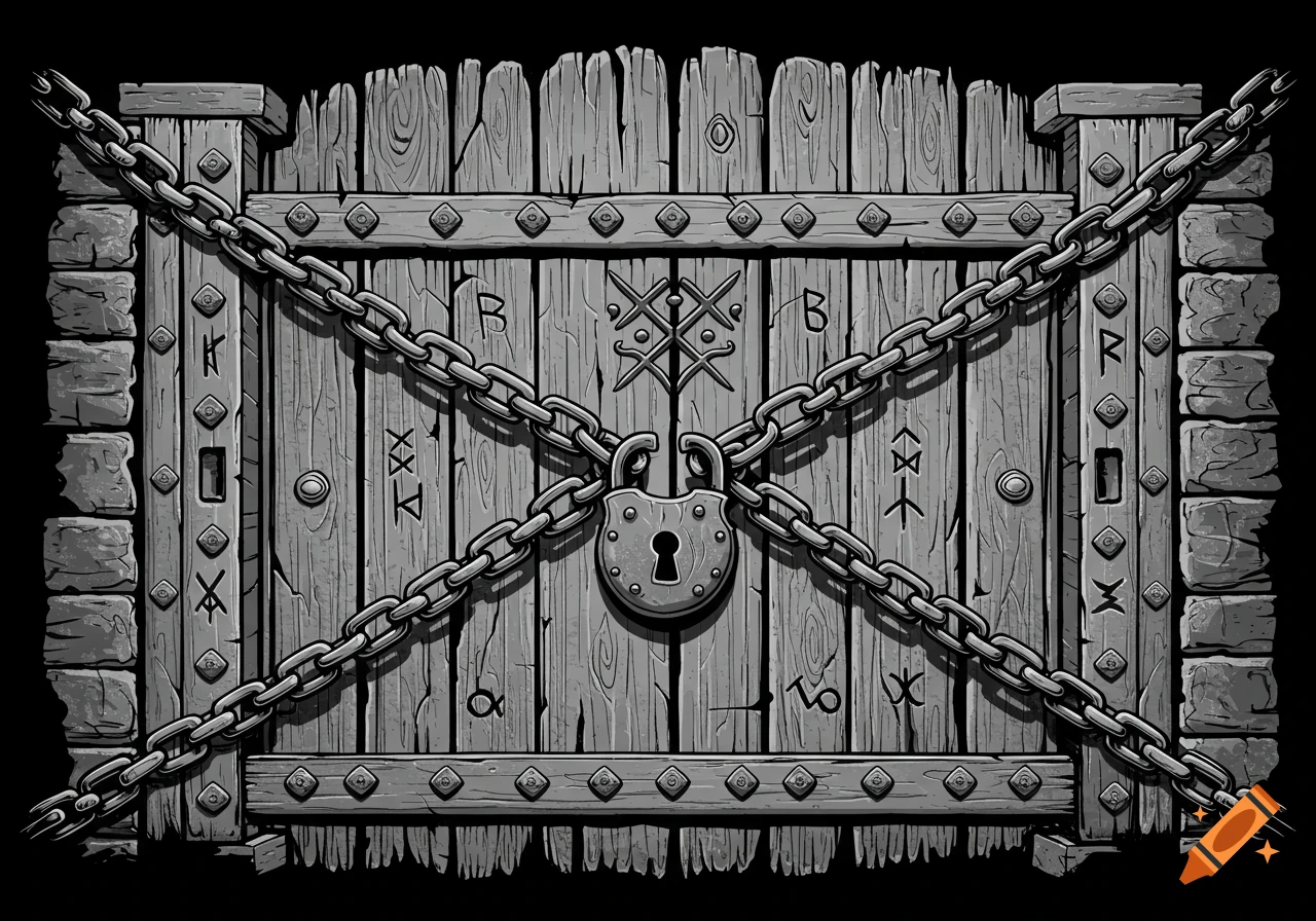 Black and white vector illustration of a weathered wooden dungeon door, chained shut with a padlock and carved with ancient symbols.