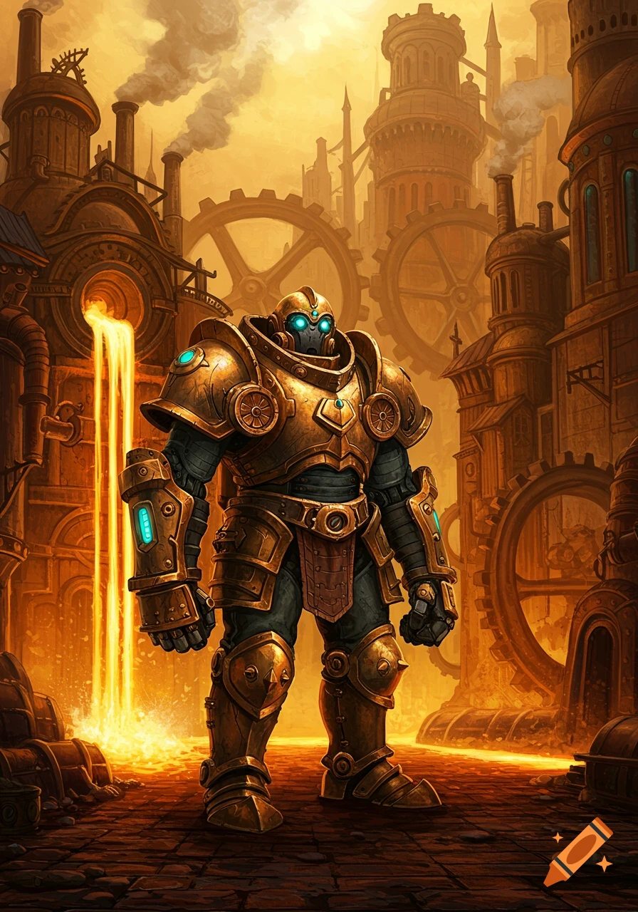 A heavily armored steampunk robot stands in a glowing industrial factory with molten metal, large gears, and smokestacks under a golden sky.