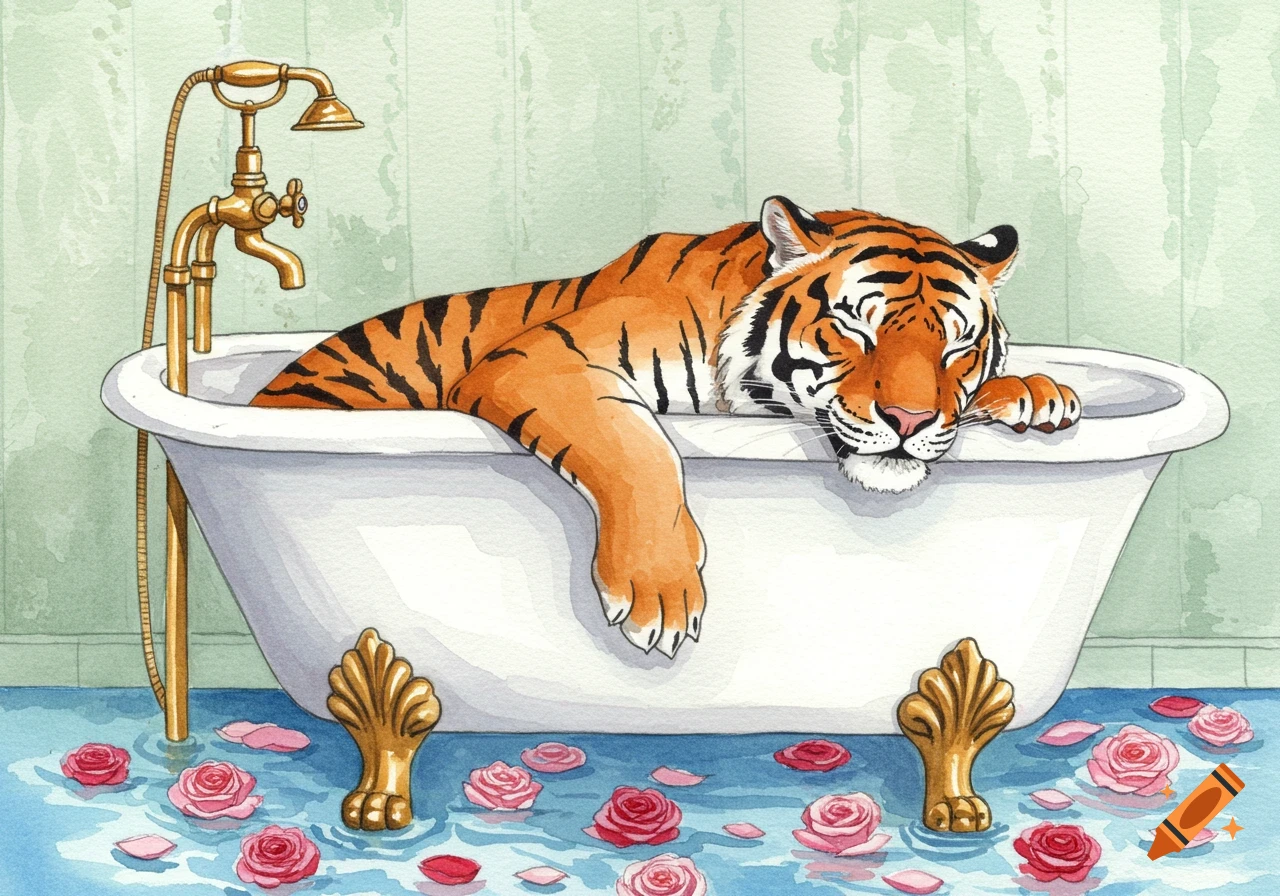 Watercolor of a sleeping tiger in a clawfoot tub with gold fixtures, surrounded by blue water and pink rose petals.