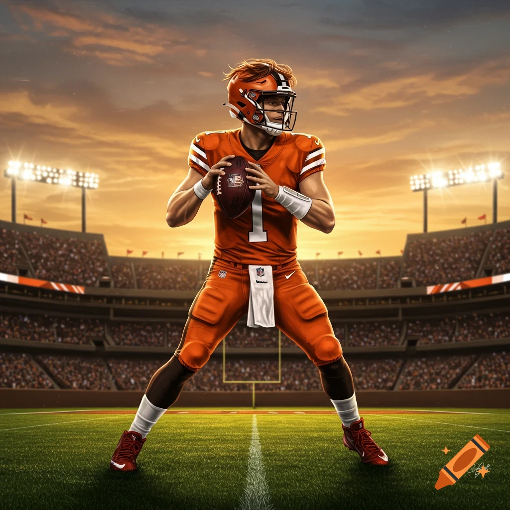 An illustrated football player in an orange uniform holding a football on a stadium field at sunset.