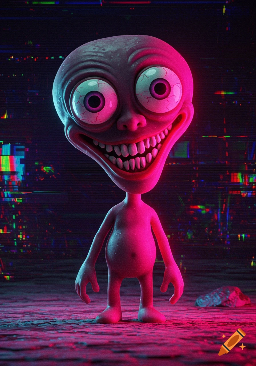 A creepy, wide-smiling cartoon character with bulging eyes and a deformed head, illuminated by neon pink and green lights on a glitchy, dark background.