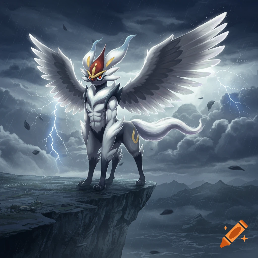 A majestic grey and white winged creature, like a Pok Amon, stands on a cliff during a lightning storm.