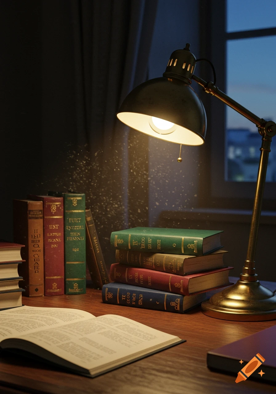 A vintage desk lamp illuminates a stack of old books and an open book on a wooden desk by a window at dusk.