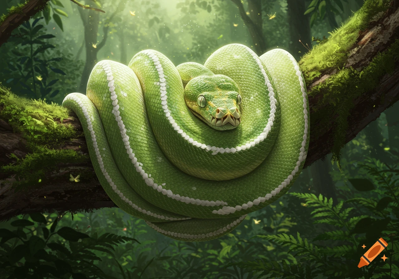 A vibrant green python with white markings coiled on a mossy branch in a lush jungle, subtly smiling at the viewer.