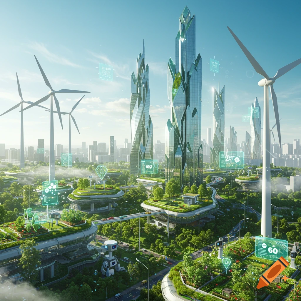 A vibrant, photorealistic futuristic city powered by renewable energy, with towering skyscrapers, lush green spaces, wind turbines, and holographic AI displays.
