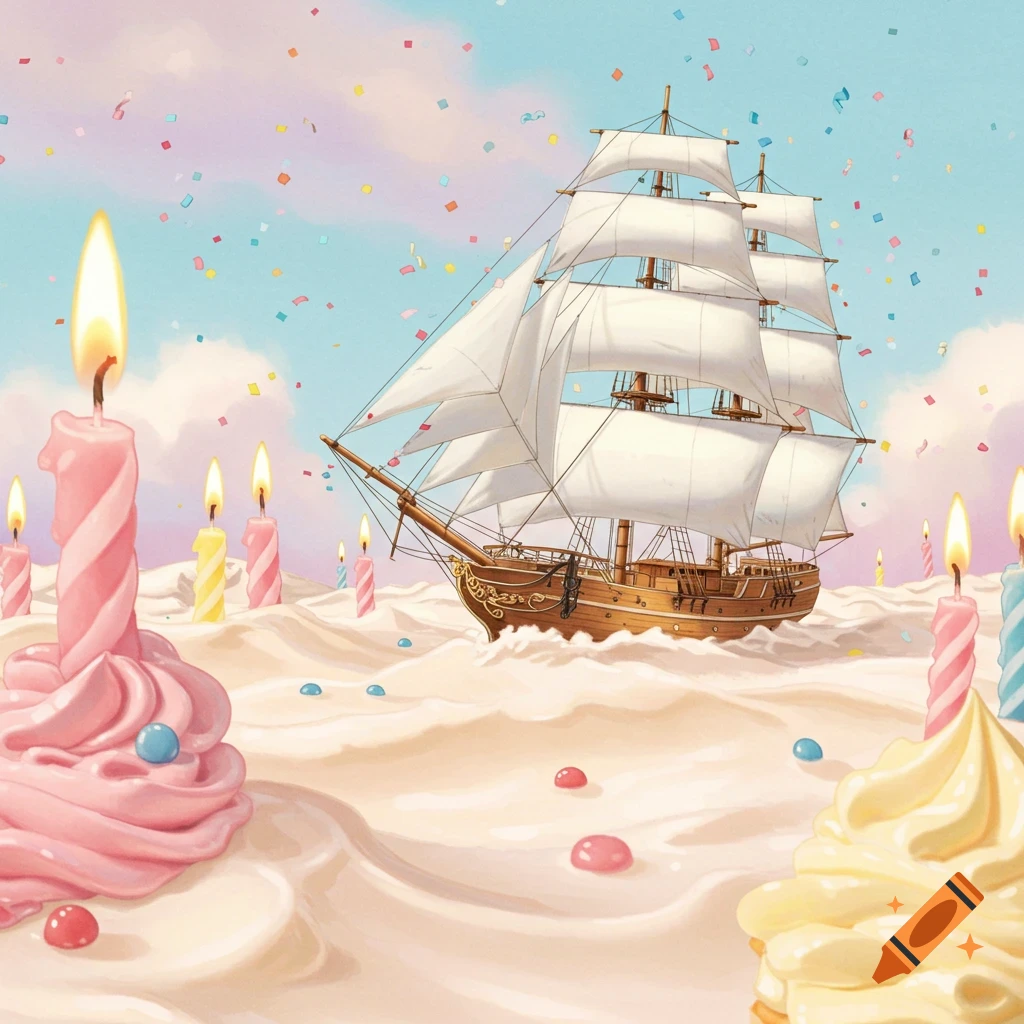 A whimsical sailing ship navigates a sea of white cake frosting, surrounded by lit birthday candles and falling confetti.