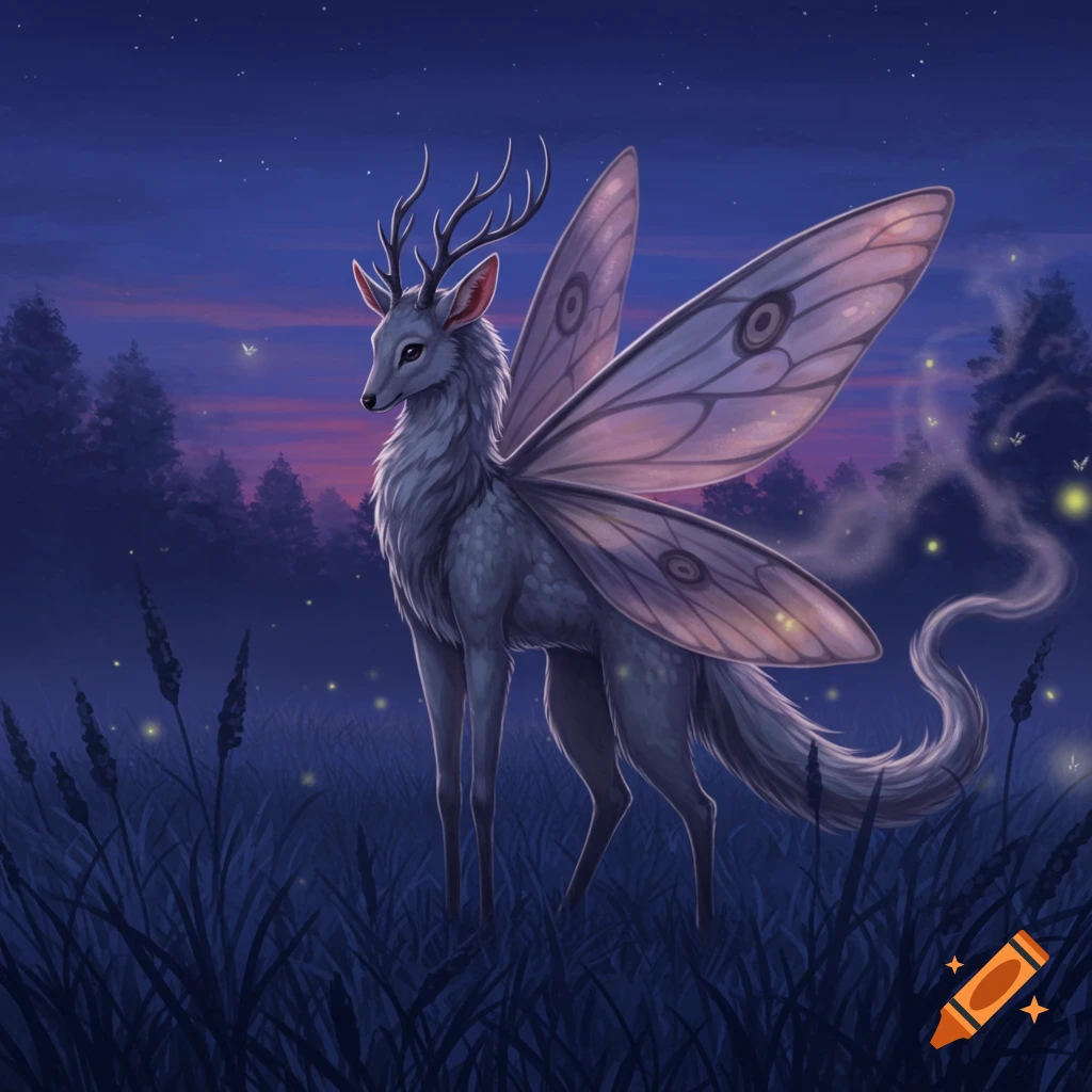 A deer-like creature with antlers and large moth wings stands in a dark forest with fireflies at dusk, digital art.