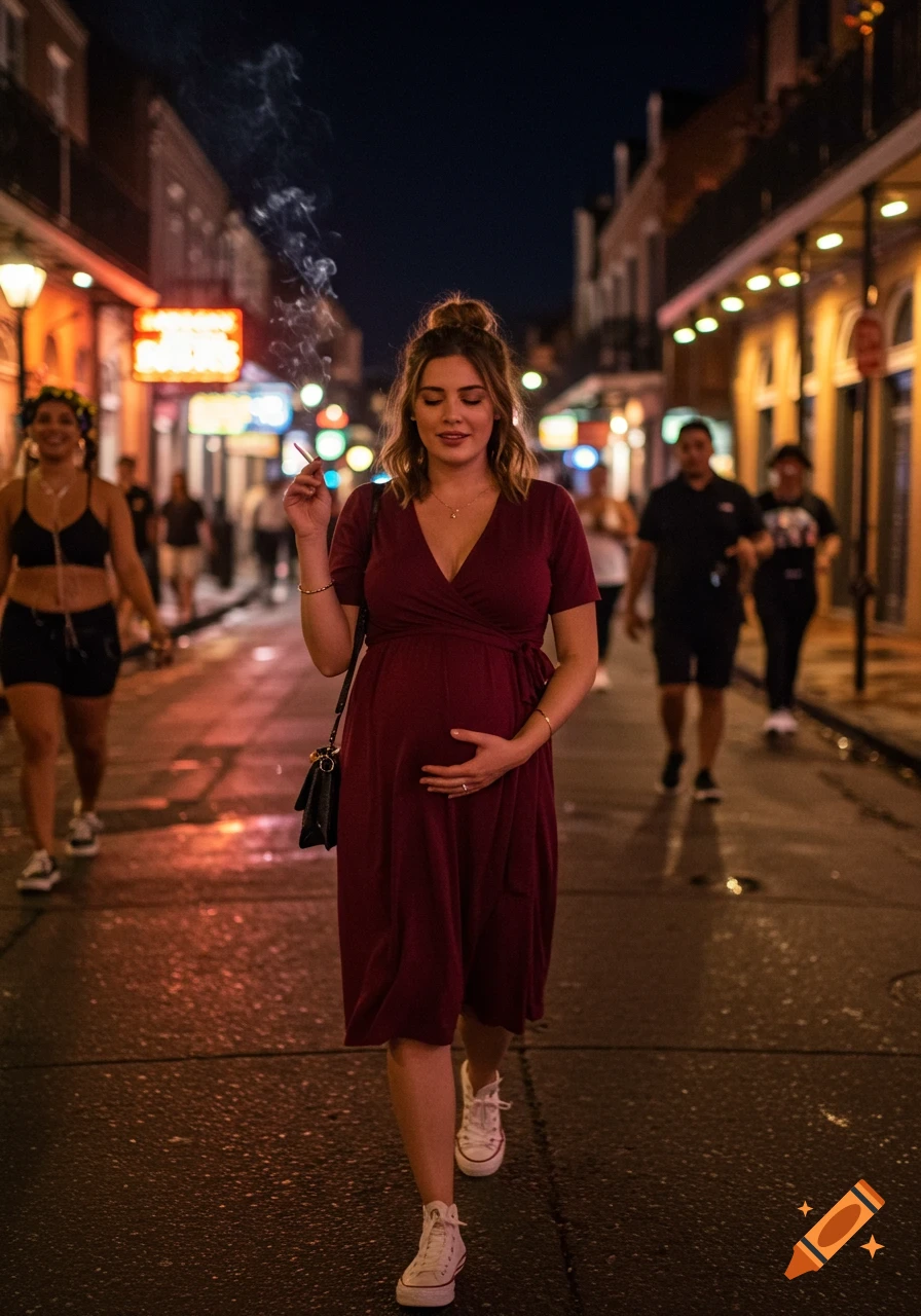 Photorealistic image of a pregnant woman in a burgundy dress walking on a lively Bourbon Street at night, holding her baby bump and a cigarette.