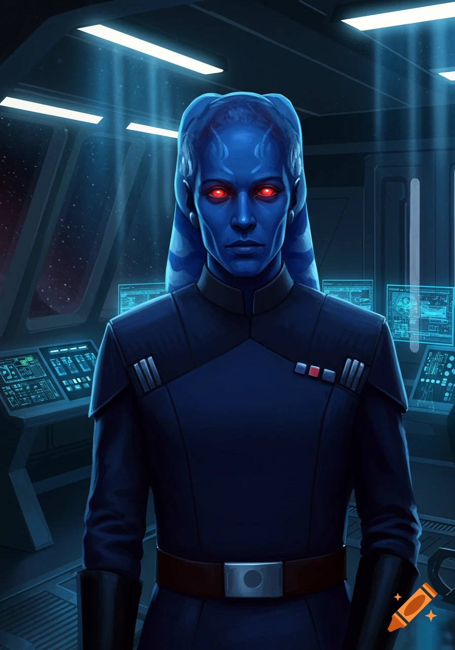 A male Chiss character with blue skin and glowing red eyes in a dark uniform stands on a futuristic spaceship bridge.