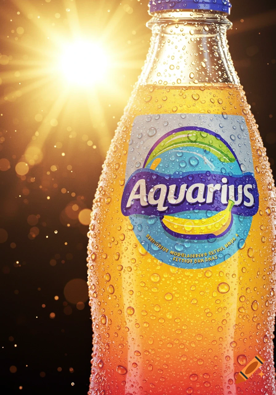 Close-up of a condensation-covered Aquarius bottle glistening in bright sunlight with a vibrant label featuring a banana.