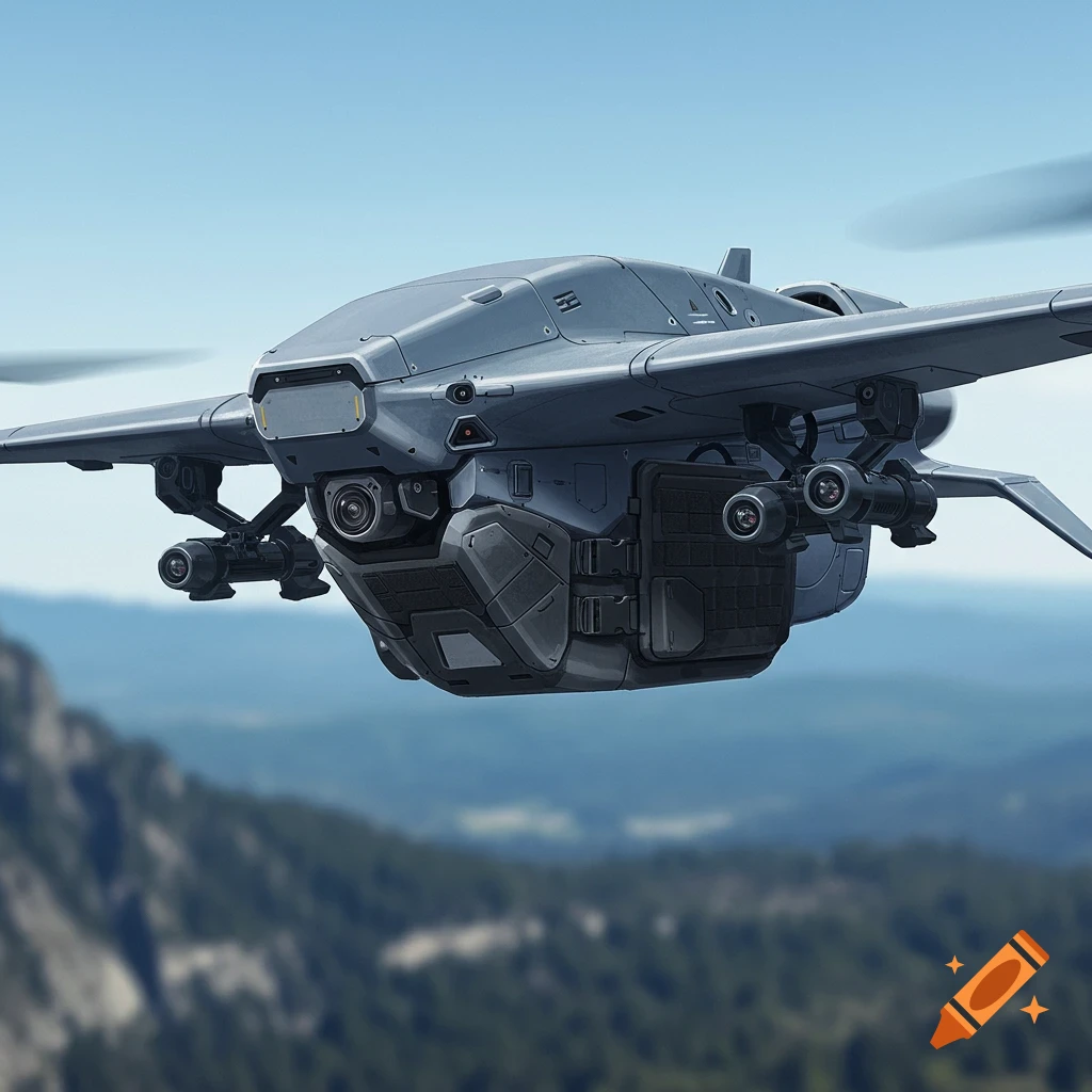 A grey, futuristic military-style drone with cameras and modular attachments flies over forested mountains under a clear blue sky.
