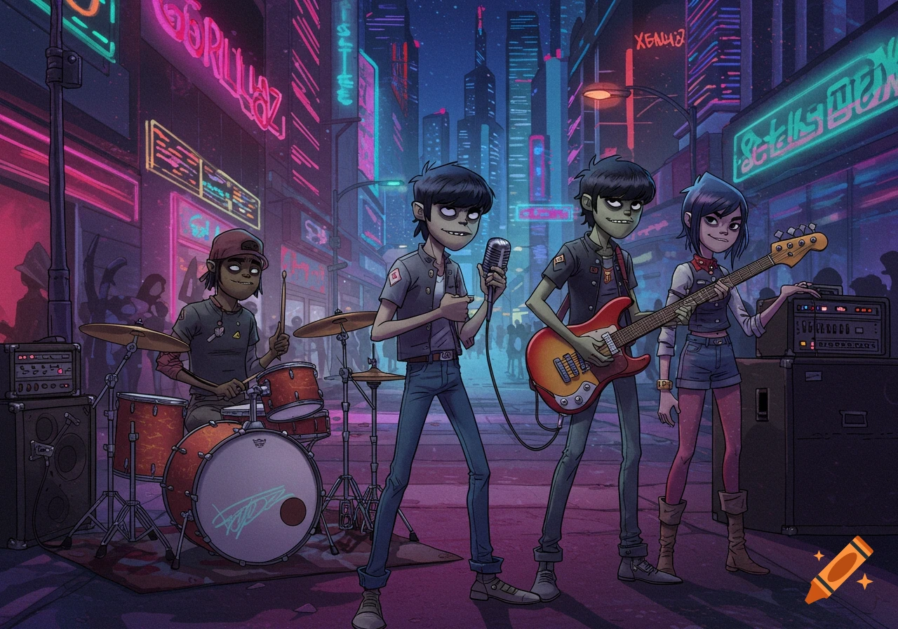 A cartoon band, Gorillaz, performs on a neon-lit city street at night. The drummer, singer, guitarist, and bassist are visible.