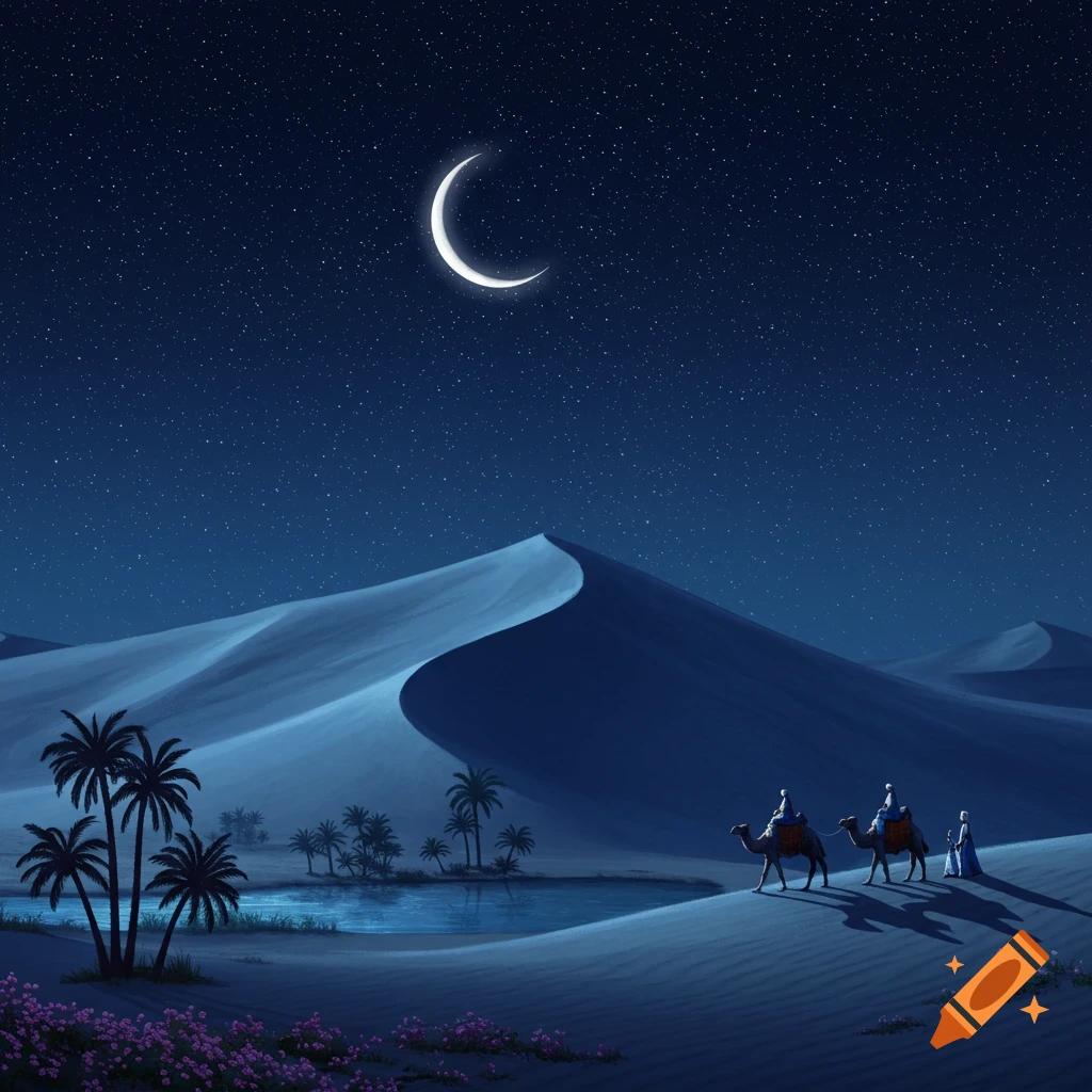 A night desert landscape with a crescent moon, stars, sand dunes, an oasis with palm trees, and three people riding camels.