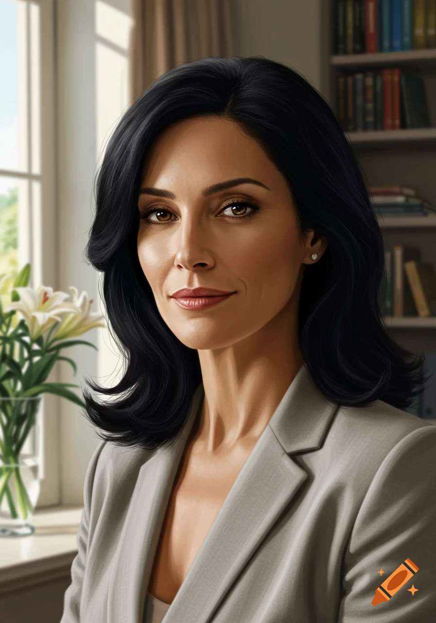 Photorealistic portrait of a woman with dark hair and a light grey blazer, smiling slightly, in an office setting.