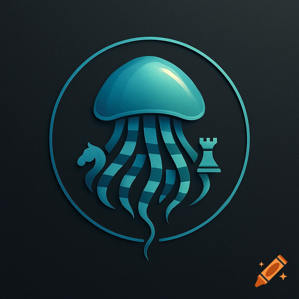 A blue jellyfish logo featuring a chess knight and rook in its tentacles, within a circle on a dark background.