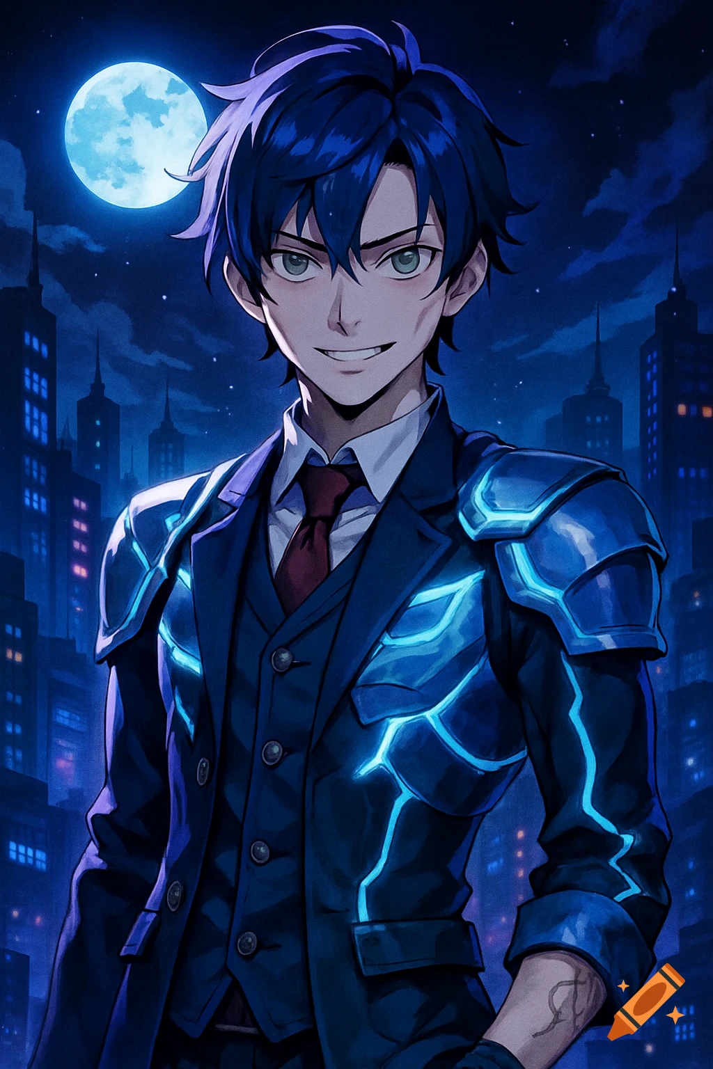 Anime young man with blue hair and glowing blue armor on a suit, smirking under a full moon in a dark city.