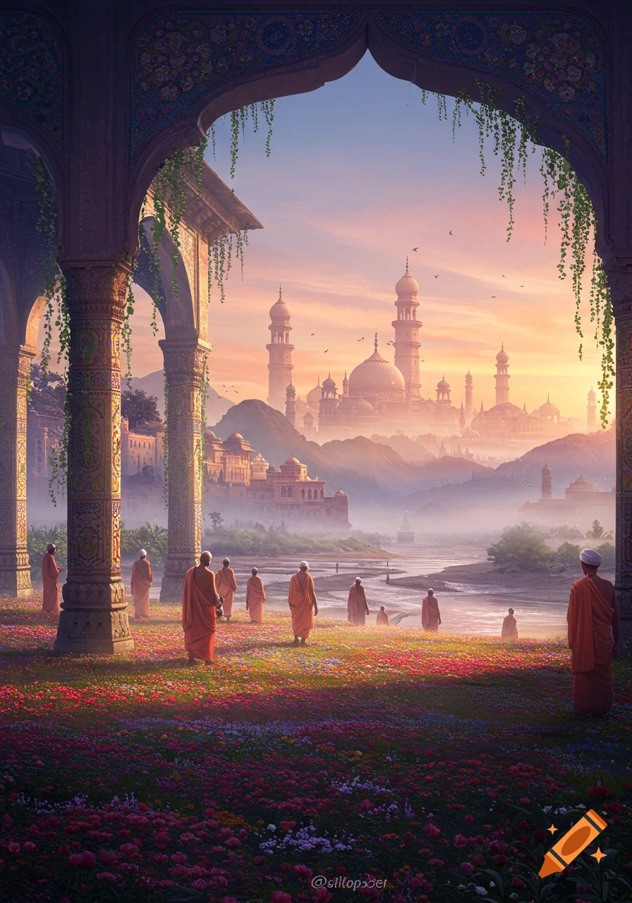 Monks in orange robes walk through a vibrant field of flowers, framed by ornate archways, overlooking distant temples and mountains at sunrise.