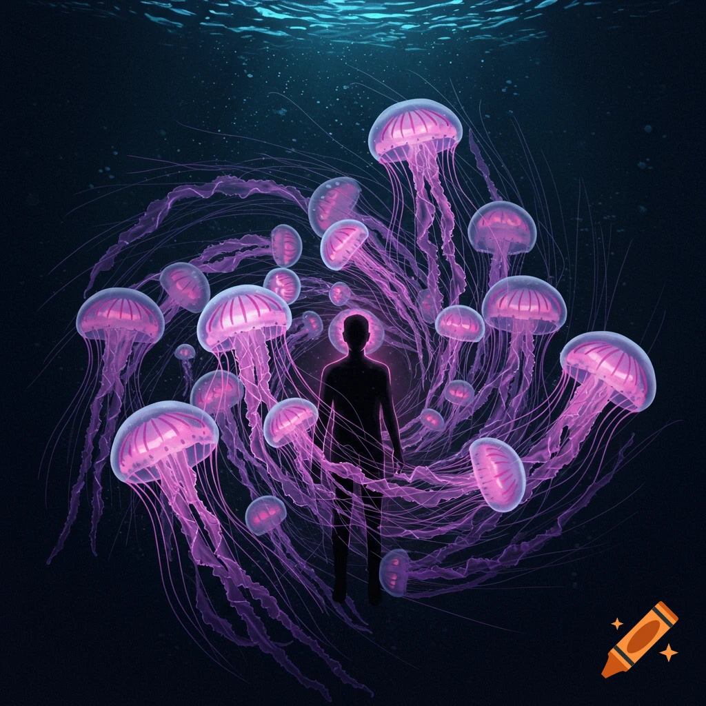 A silhouette of a person swims surrounded by glowing pink and purple jellyfish in dark blue water with light filtering from above.